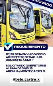 Vereador Beto Castro tem requerimento aprovado por unanimidade para retorno da linha de ônibus Areinha-Monte Castelo 